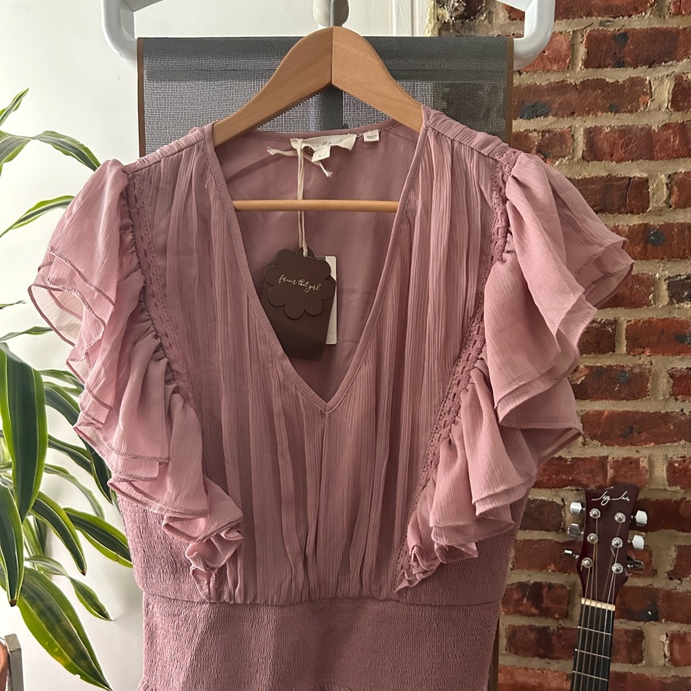 146. NWT Anthropologie Forever That Girl Smocked Ruffle Mauve Pink Crop Blouse
